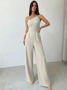 Firerie Elegant Linen Backless Ruched Waist Wide Leg Jumpsuit, Casual, Vacation, Commute, Summer - Khaki - View 7