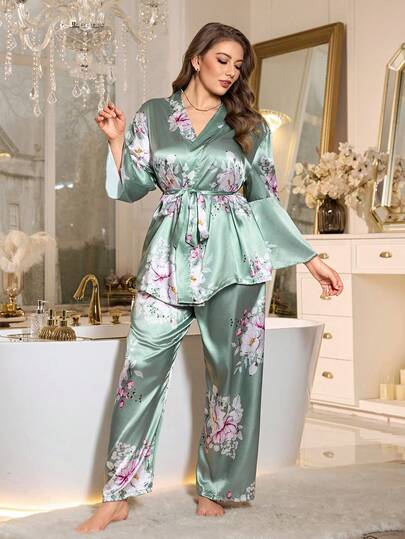 LuxeNights 大码优雅印花仿丝绸睡衣套装