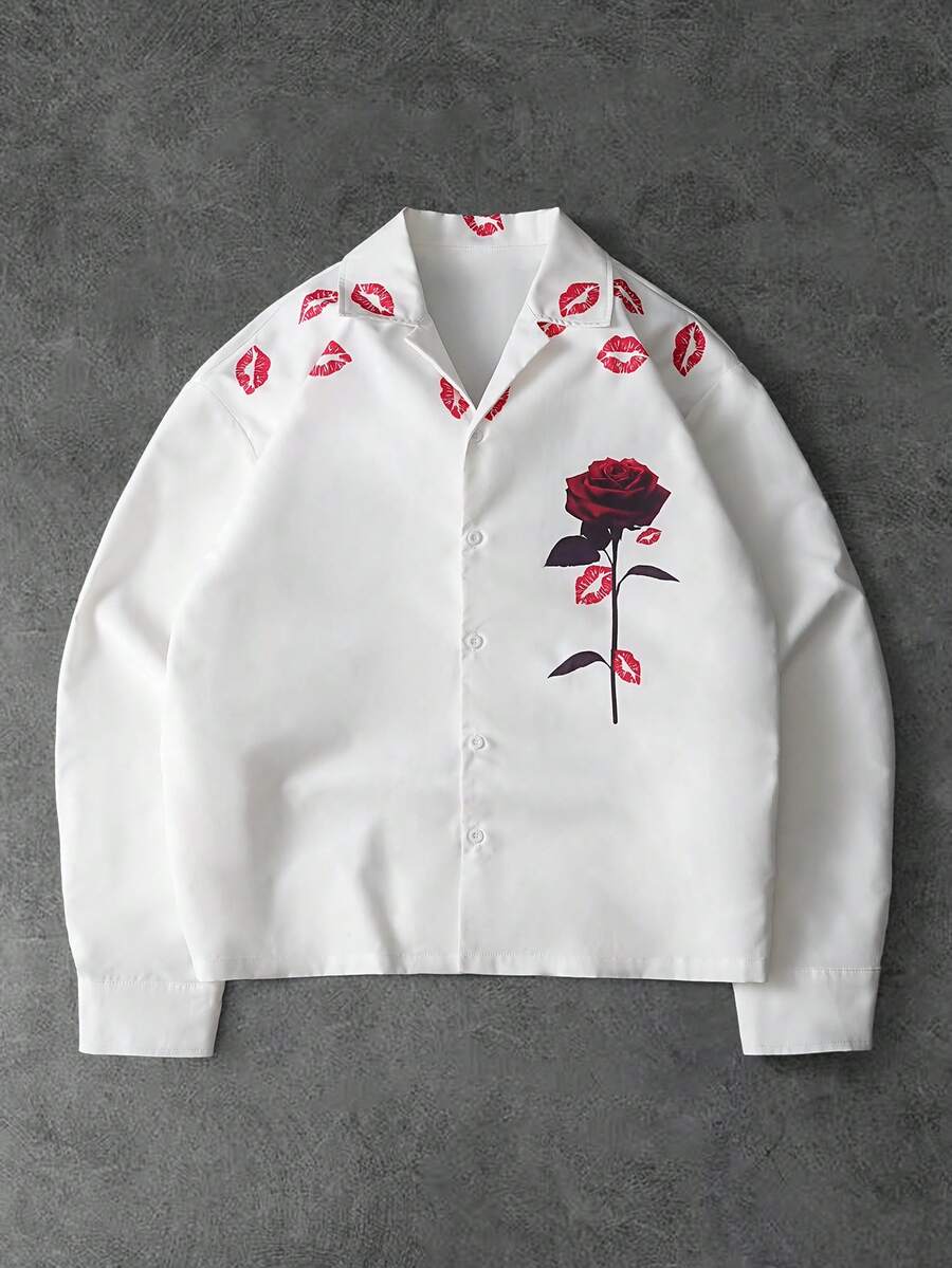 PAVTROS Men's Street-Style Floral & Lip Print Casual Long Sleeve Shirt,White And Red,Summer,Casual,Streetwear,Night,Valentine's Day Oversized Graphic - White - View 1