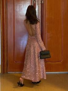 Vivie Lora Vestido Médio Elegante de Manga Longa com Decote Redondo, Costas Abertas e Lantejoulas de Cor Sólida, Vestido Brilhante e Vestido de Verão - Preto - Visão 4
