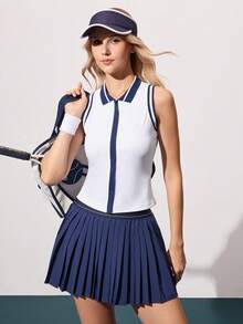 CourtClass CourtClass 女士撞色Polo领定制罗纹袖口拉链背心休闲运动网球衫，适合日常穿着，女士网球服，高尔夫球服，女士网球服 - 白色 - 查看 6