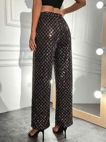 EURMUSE Women's Rhombus Pattern Casual Versatile Commuting Wide-Leg Pants - Gold - View 2