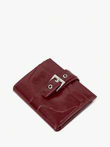 Viva Strut 1pcs Claret Cracked Glossy Leather Short Wallet, Metal Buckle Multi-Card Wallet, Simple Large-Capacity Card Bag - Burgundy - View 3