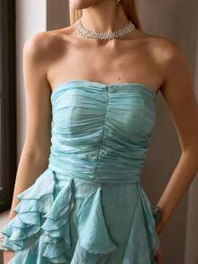 MOTF Soiréza WOMEN'S ELEGANT STRAPLESS MAXI PARTY GOWN – CHEST RUCHING, ASYMMETRIC TIERED RUFFLE HEM & FORM-FITTING SILHOUETTE DRESS, PERFECT FOR WEDDINGS, GALAS & COCKTAIL EVENINGS - Cadet Blue - View 2