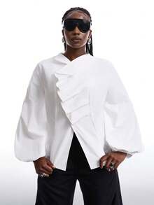 LYSMO 大码简约秋冬女式纯色荷叶边泡泡袖时尚衬衫，灯笼袖衬衫，泡泡袖衬衫，白色衬衫，优雅白色长袖衬衫 - 白色 - 查看 5