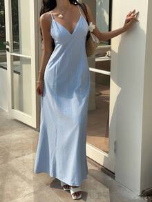 Sunnyshic Women's Casual Versatile Elegant V-Neck Spaghetti Strap Backless Striped Waist Flared Dress, Spring/Summer