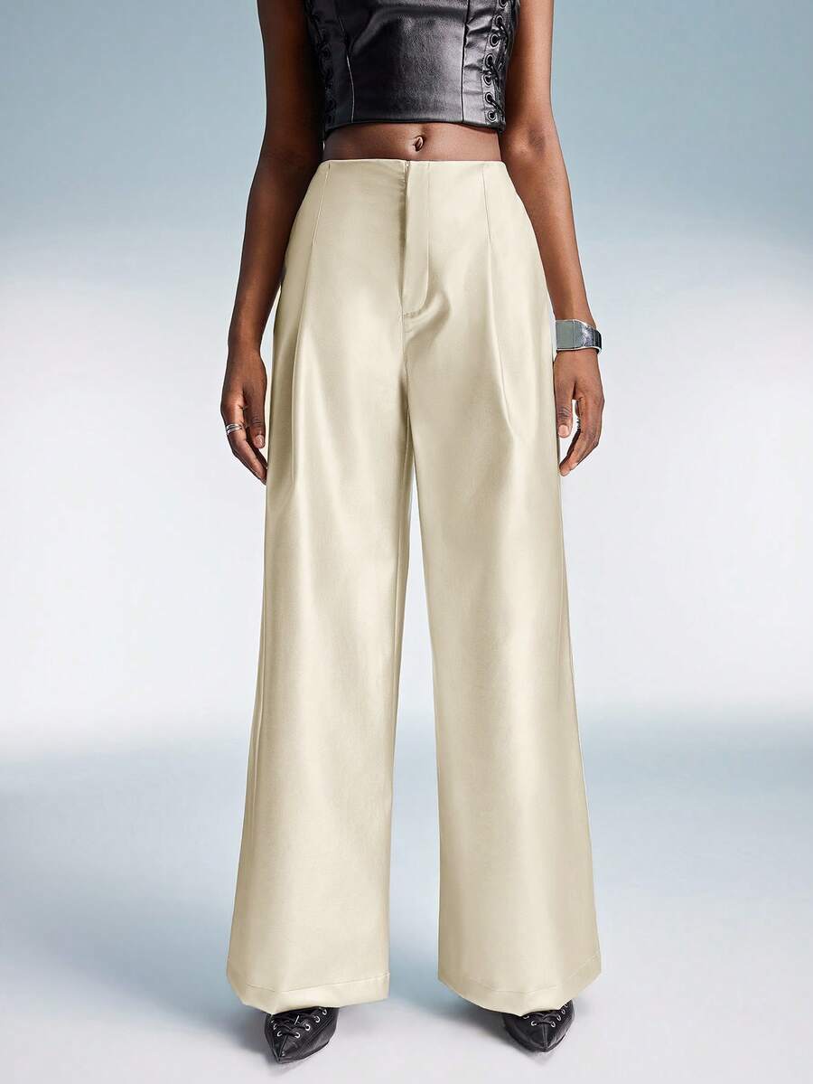 Aveloria Affinna 女士PU材质，复古美式设计，收腰宽松休闲百搭阔腿直筒裤 - 米色 - 查看 1