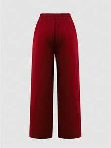 SHEIN Casuvi Kids 少女休闲运动裤，简约logo图案撞色口袋装饰连帽针织慢跑裤，宽松阔腿长裤 - 酒紅色 - 查看 2