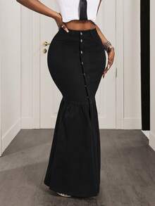 Slaydiva Chân váy denim ôm sát người, màu trơn, cài một hàng cúc, dáng đuôi cá, dành cho nữ, thanh lịch. - màu đen - Xem 6