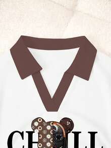 Rovax 女士字母卡通熊印花撞色Polo领短袖上衣 - 黑與白 - 查看 5