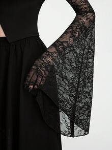 Breakform Áo cardigan ngắn tay dài, cài cúc, cổ ren phối màu trơn, chất liệu vải dệt kim, dành cho nữ, kiểu dáng thanh lịch Gothic, có khuy cài, tay áo loe và cổ tay áo ôm sát. - màu đen - Xem 7