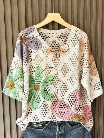 EMERY ROSE 2026 Suéter de mujer de talla grande, de moda casual minimalista y versátil, de manga corta, cuello en V, con cordones y estampado floral, perfecto para uso diario