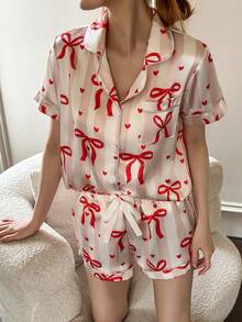 Dream Adore 2 pièces Ensemble de pyjama femme avec nœud papillon et imprimé rayé sur le short à manches courtes, printemps/été/automne - Multicolore - Voir 4