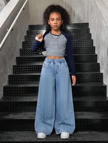 SHEIN Girls' Casual Basic Blue Denim Loose Pants - Light Wash - View 7