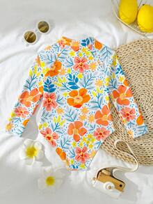 Young Girl Floral Print Raglan Long Sleeve Rash Guard One-Piece Swimsuit,Front Zipper UV Protection Bathing Suit For Summer,Beach,Holiday,Pool Party - Yellow - View 2