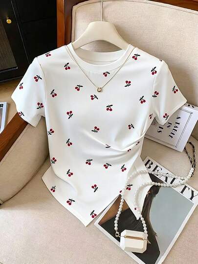 GlowEve Cherry Print Asymmetric Hem Casual T-Shirt, Summer