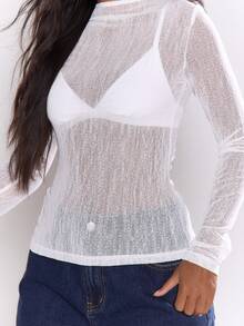 MUSERA 透视网纱长袖修身圆领上衣，秋季街头风，清凉百搭，适合夜晚外出、日常穿着，性感优雅，适合假日、派对、情人节等场合，春夏皆宜。 - 白色 - 查看 5