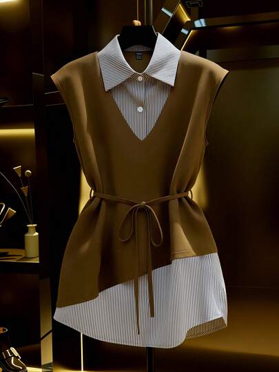 Franclia Camisa casual de mujer con rayas y parches