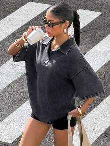 Muchica 女士复古水洗雪花图案 Polo 领宽松短袖 T 恤，适合外出和街头穿着 - 黑色 - 查看 3