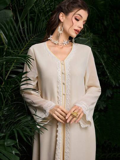 Al Najma 优雅纯色长袖休闲女士土耳其长袍和阿拉伯传统长裙