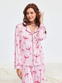 Bonmuse 酒杯印花睡衣套装，甜美可爱翻领纽扣上衣和长裤，女士睡衣和家居服 - 粉色 - 查看 6