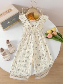 SHEIN Genkimix Kids Combinaison unique à imprimé floral couvrant entièrement le corps, style rétro décontracté et ajusté, convenant aux activités extérieures d'été et à l'école pour jeunes filles - Nude - Voir 2