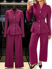 Chiquease Women's Elegant Daily Waist Cinched Suit Set - Burgundy - View 1