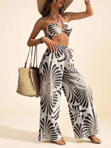 Coeurva 2 件套 - 女式无袖印花吊带上衣和高腰阔腿裤 - 黑與白 - 查看 5