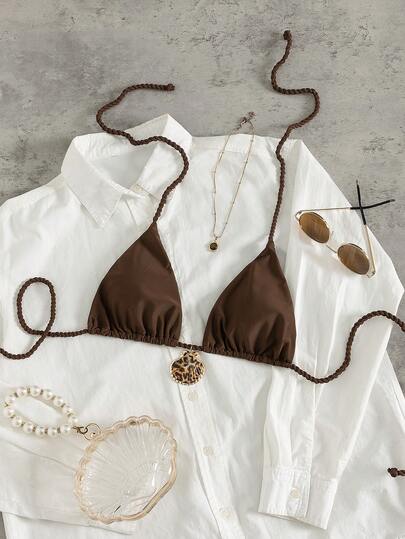 Swim Vcay 1 pieza Top de traje de baño casual de playa para mujer con detalle de concha metálica y nudo en el cuello, el tamaño de la concha natural varía