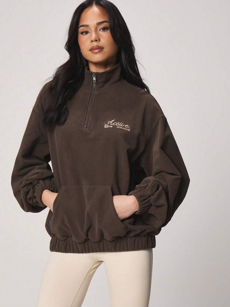 MISSGUIDED Women's Oversized Brown Half-Zip Fleece Sweatshirt With Embroidered Logo And Centre Pocket Fall Winter Casual Pullover