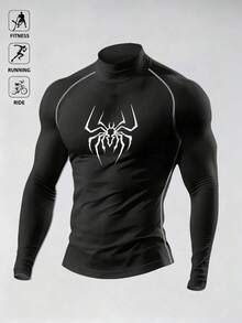 Acti Log Men's Spider Print Stand Collar Slim Fit Long Sleeve Athletic T-Shirt Compression Shirt Men - Black - View 3