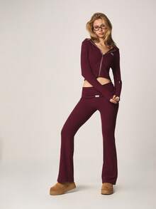 Missguided x Playboy Ribbed Knit Fit And Flare High Rise Burgundy Trousers With Folded Waistband Detail - Purple - View 5