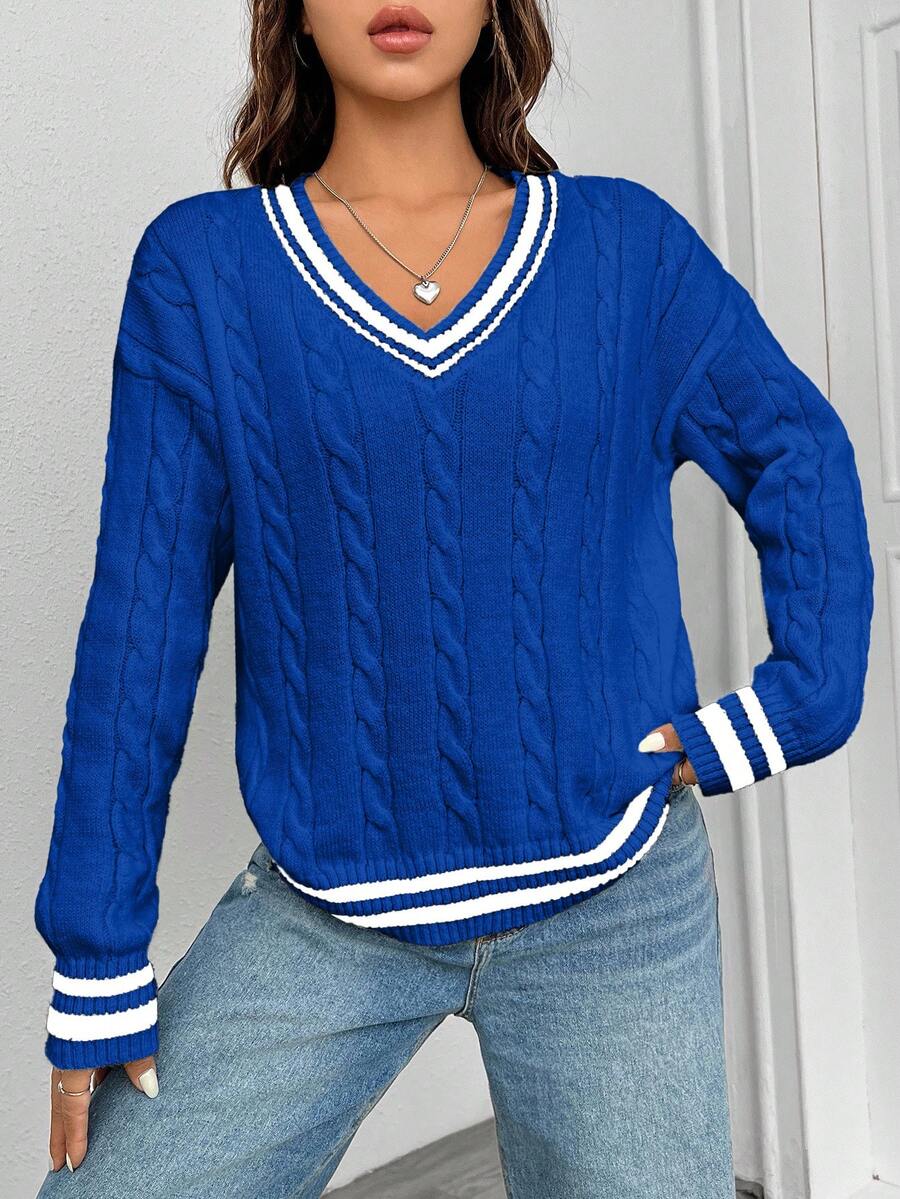 EURMUSE Casual Contrast Color Striped Drop Shoulder Sweater, Autumn/Winter - Royal Blue - View 1
