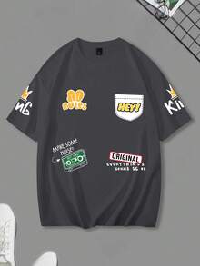 Claim Dot 宽松男士卡通标语图案落肩T恤 - 深灰色 - 查看 3