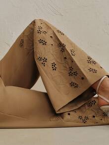 Anewsta Khaki High Waist Loose Straight Leg Pants With Embroidery, Elegant Style, Spring/Summer - Khaki - View 2
