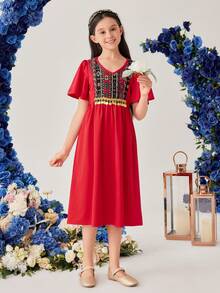 SHEIN 青少年女孩幾何圖案v領短袖a字裙,下擺弧形設計 - 紅色 - 查看 7