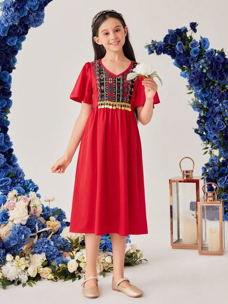 Tween Girls' Geometric Pattern V-Neck Short Sleeve A-Line Dress With Flared Hem