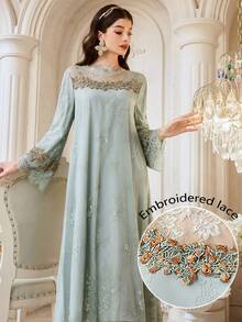 Al Najma New Romantic Elegant Lace Trim Sophisticated Graceful Party Dress - Green - View 7