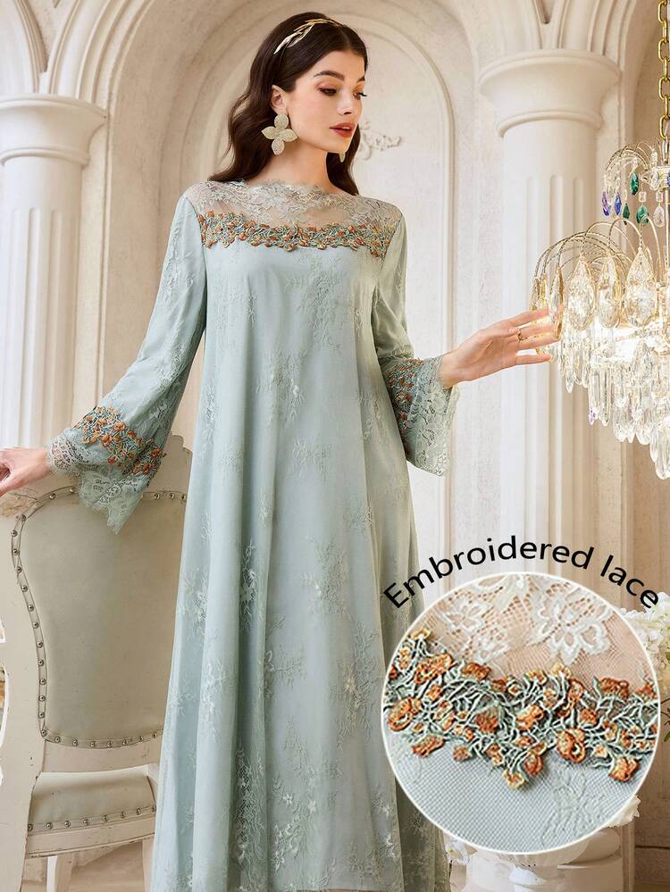 Al Najma رمضان فستان حفلة أنيق رومانسي جديد مزين بتطريز الدانتيل الراقي والأنيق - أخضر - مشاهدة 7