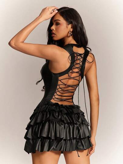 Radiana Women's Sexy Casual Street Style Black Faux Leather PU Ruffle Hem Jumpsuit, Criss-Cross Backless Jumpsuit, PU Jumpsuit, Black Jumpsuit Pants, Elastic PU Material Fitting Body Curves, Y2K Style Clothing, Sweet & Cool Style, Suitable For Night, Casual Outing, Party, Club, Nightclub, Carnival, Music Festival, Electronic Music Festival, Party, Holiday Wear