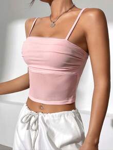 SHEIN EZwear 夏季粉色撞色网纱露脐上衣 - 粉色 - 查看 3