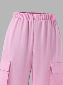 SHEIN ChillGRL Bộ 2 món cho bé gái tuổi teen: Áo tay ngắn thêu nơ dễ thương kiểu đường phố và quần cargo nhiều túi. - Hồng - Xem 4