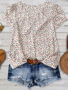 SHEIN LUNE CURVE 大码优雅碎花圆领短袖衬衫 - 杏色 - 查看 2