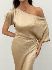 SHEIN Tall 秋冬季纯金色纹理不对称肩部上衣，金色女士衬衫，秋季斜肩上衣，适合夜店派对、外出、秋季女装、复古风格、工作/办公室、商务休闲女装、女士办公室晚装 - 金色 - 查看 10