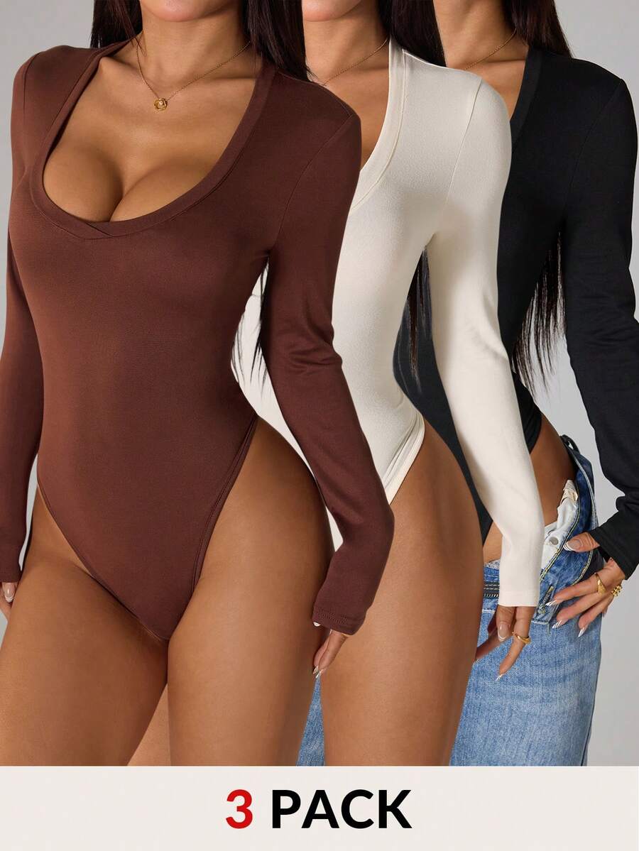 SHEIN PETITE 3件套休闲纯色针织修身长袖心形领连体衣,女士长袖连体衣,性感连体衣,一体式连体衣,女士连体衣,女士性感服装 - 彩色 - 查看 1