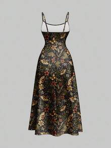 ROMWE Fairycore 大码花卉、叶子和蝴蝶印花褶皱吊带连衣裙，性感细肩带低胸派对鸡尾酒裙 - 黑色 - 查看 2