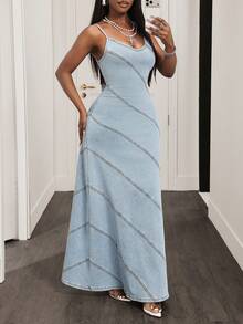 Slaydiva 女士休闲百搭撞色滚边牛仔吊带裙 - 棕色 - 查看 5