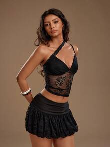 TRNVIE Sexy & Romantic Lace V-Neck Spaghetti Strap Top For Women, Spring/Summer - Black - View 4