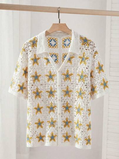 SWAVVY 男士海星图案镂空单排扣休闲短袖针织上衣