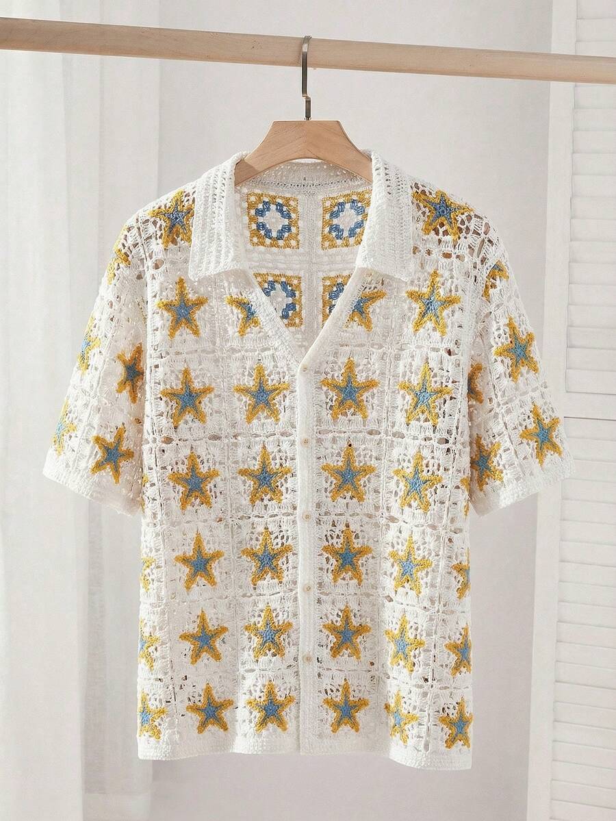 SWAVVY Men's Starfish Pattern Hollow Out Single-Breasted Casual Short Sleeve Knit Top - Apricot - View 1